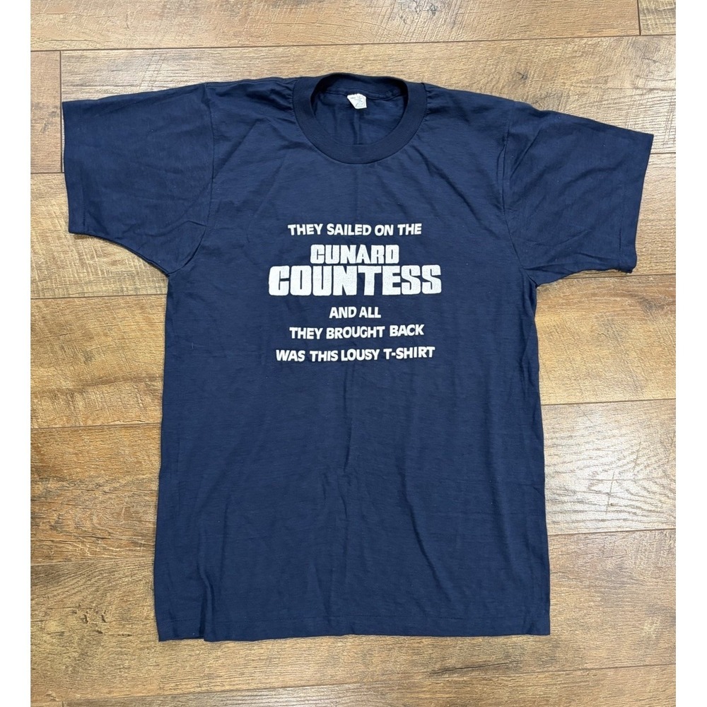 Vintage 70s 80s Cunard Countess Cruise Graphic Tee Medium Navy Blue Made In‎ USA